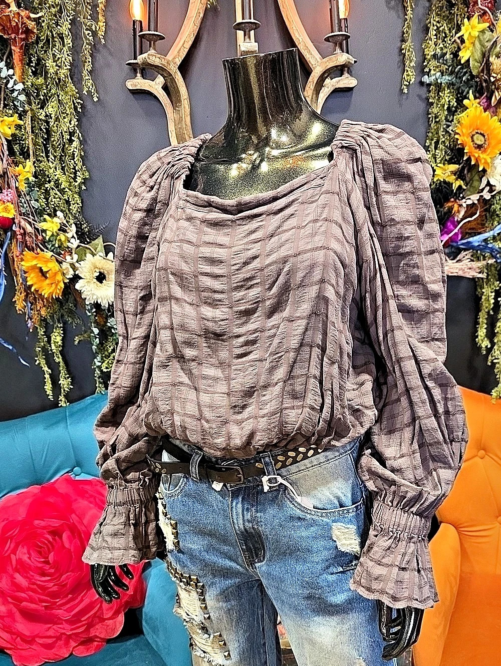 Free People Embroidered Brown / Taupe Plaid Puff Sleeve Smocked Top